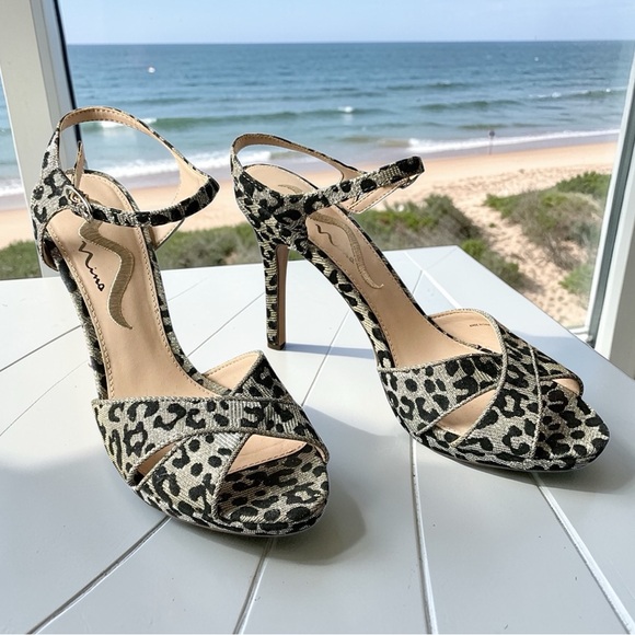 Nina Sparkle Silver Leopard Print Heeled Sandals with Ankle Strap - Picture 3 of 12